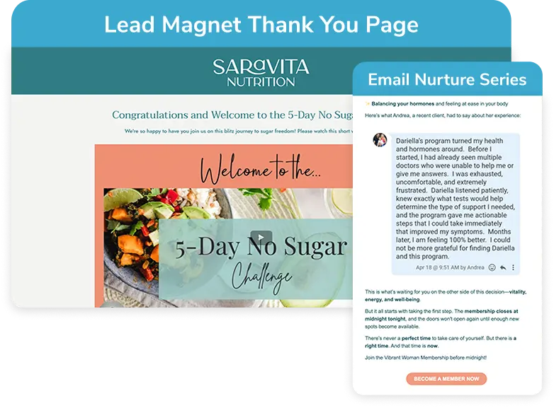 Lead magnet thank you page and email series example.