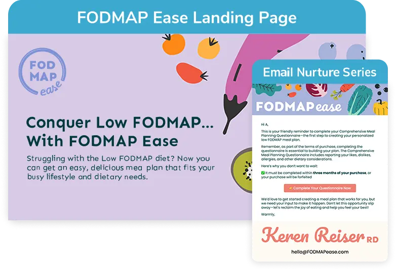Product landing page and email series examples.